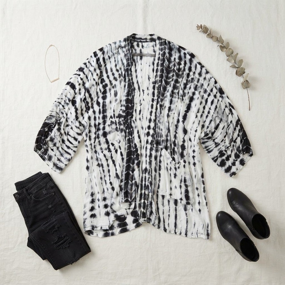 Style Park 1 Kimono Women OS Black White Tie Dye Rayon Cardigan Boho Shibori